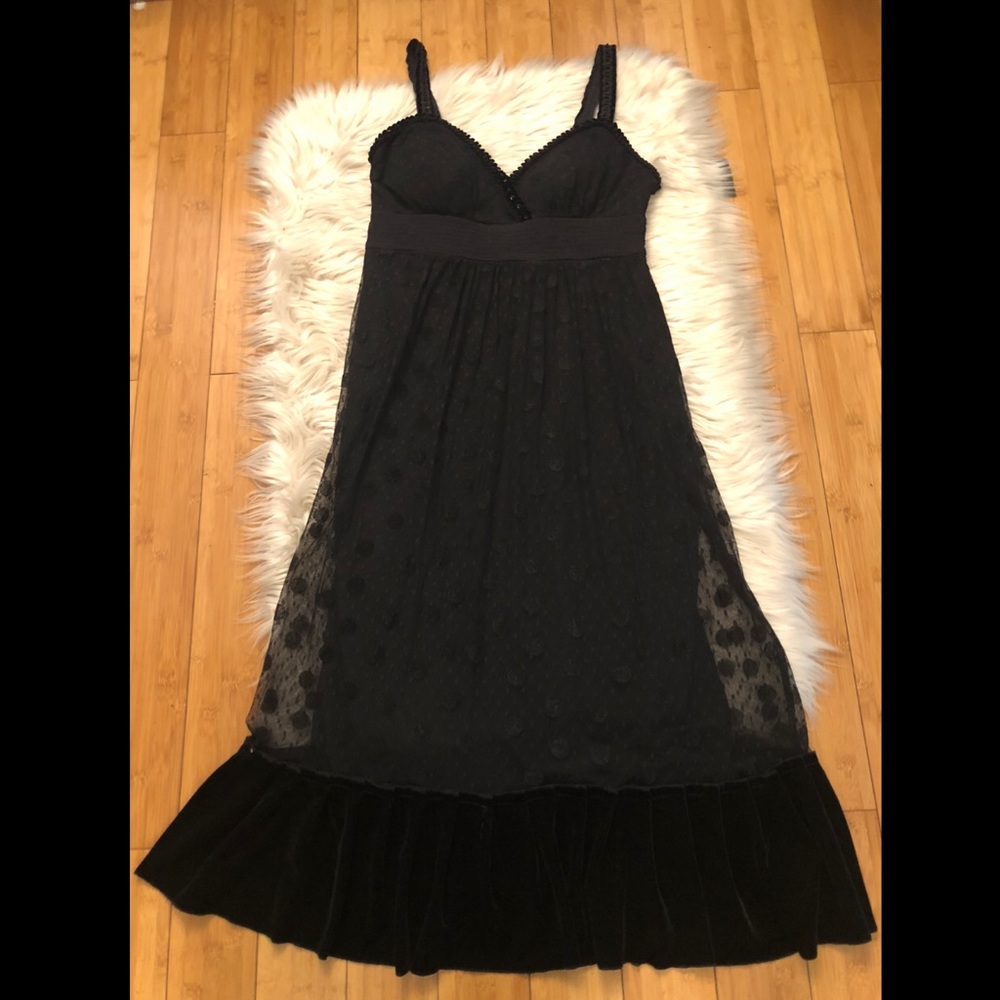MIXIT Y2K Combination Velvet Mesh Sequin Polka Dot Black Midi Dress, Size 10